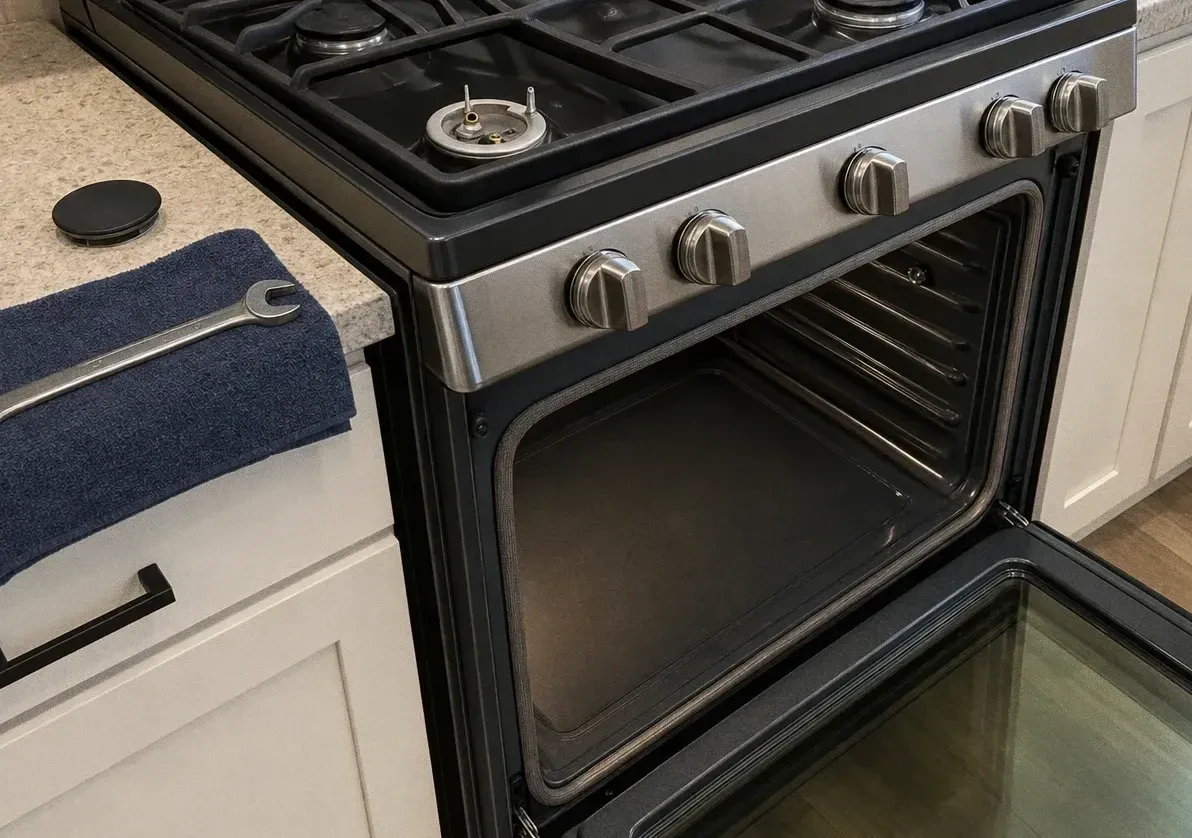 Stainless and black gas range with the oven door open on an empty cavity, one burner cap lifted off the grates and a blue towel on the counter