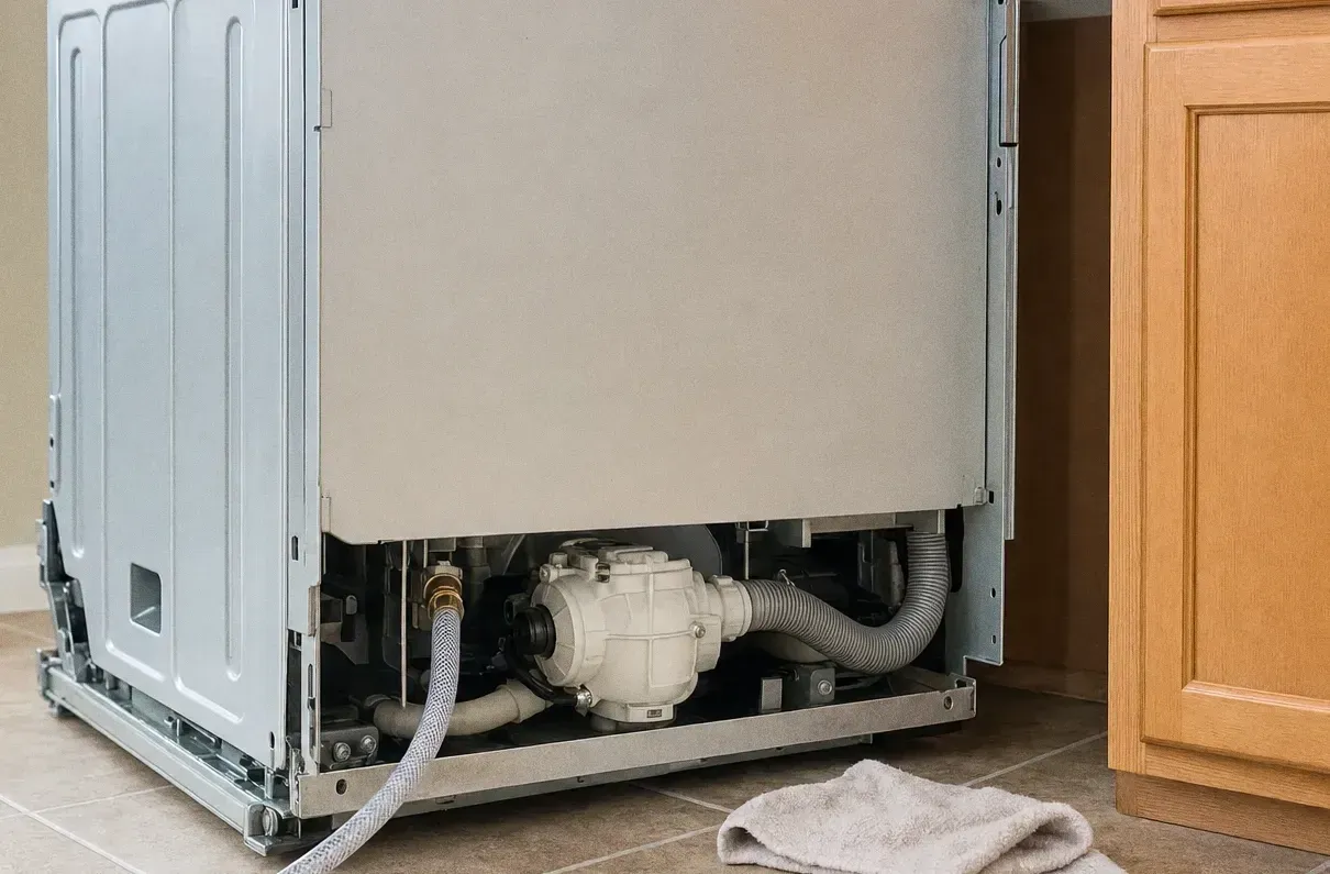 Dishwasher standing clear of its cabinet seen from the side, circulation pump and corrugated hoses along the base, towel on the floor