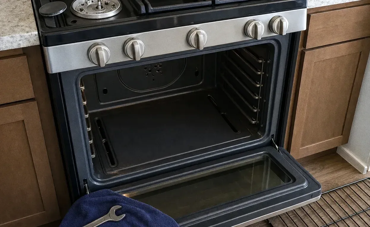 Black and stainless range straight on with the oven door open on an empty cavity, racks out and a dark towel in the foreground